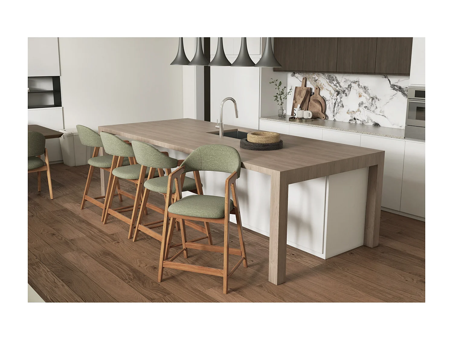 CAMILLE-Silla de bar, tela verde y fresno natural (x2)