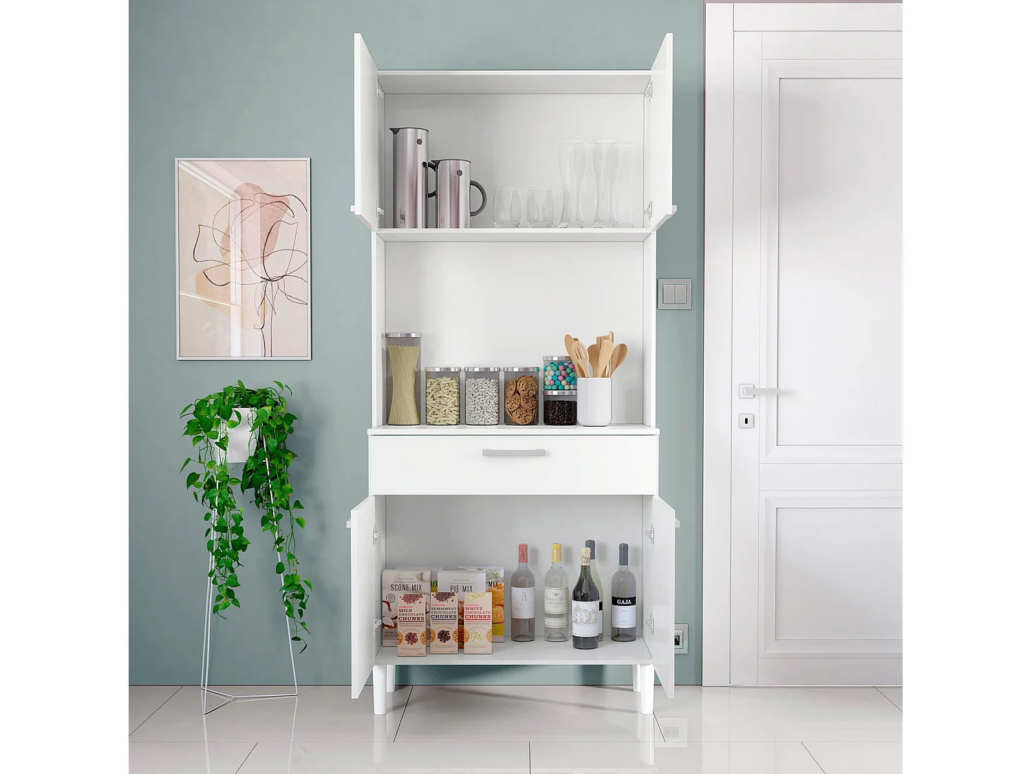 Armario alacena de Cocina con cajón y Puertas abatibles en Color Blanco (Alto 180 / Ancho 80 / Fondo 36) - Buyqualia