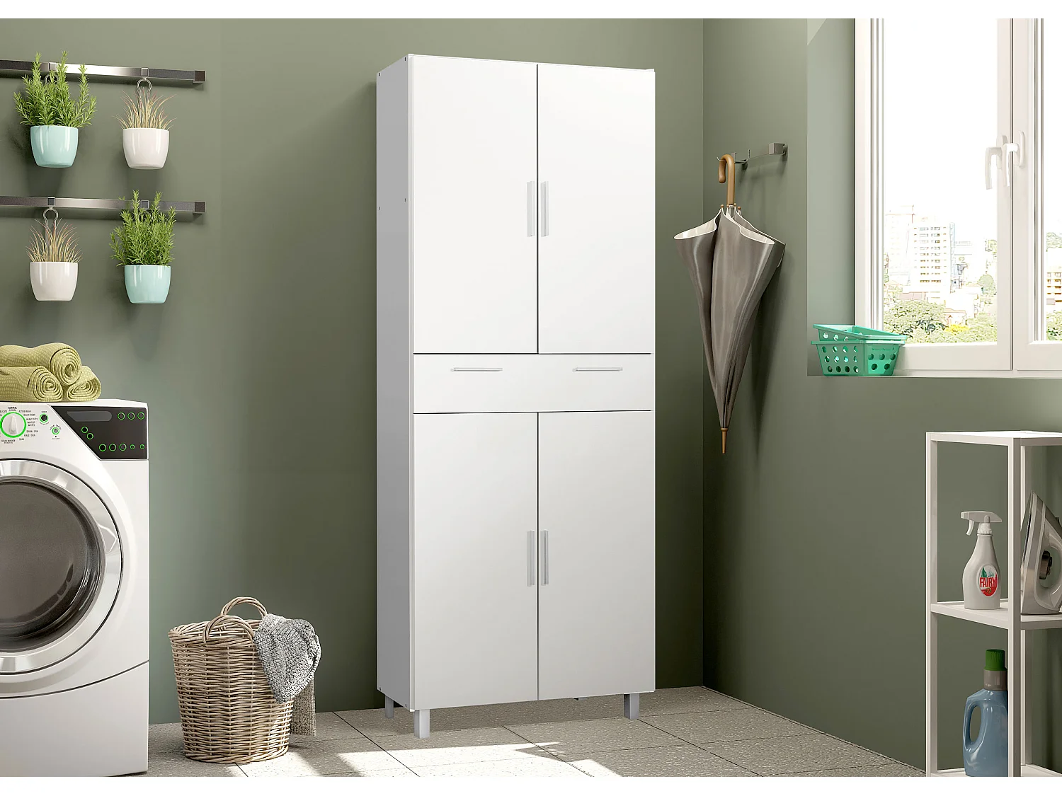 Armario despensa Multiusos Cocina con cajón y Cuatro Puertas de Gran Capacidad en Color Blanco Alto 188 / Ancho 82 / Fondo 35 - Buyqualia