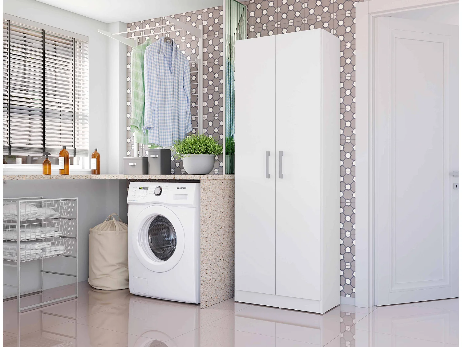 Armario hogar escobero Multiusos Dos Puertas en Color Blanco (Alto 170 cm/Ancho 61 cm/Fondo 32 cm) - Buyqualia