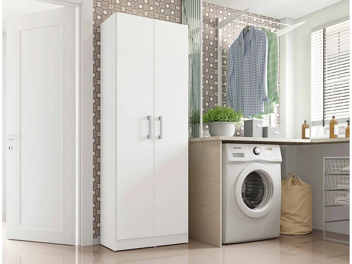 Armario hogar escobero Multiusos Dos Puertas en Color Blanco (Alto 170 cm/Ancho 61 cm/Fondo 32 cm) - Buyqualia