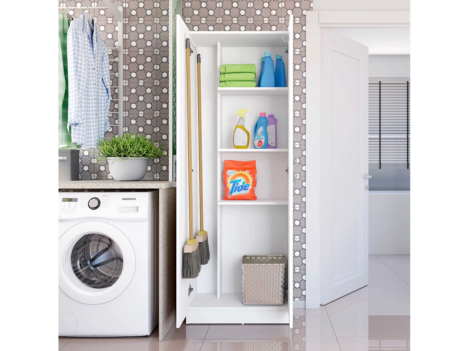 Armario hogar escobero Multiusos Dos Puertas en Color Blanco (Alto 170 cm/Ancho 61 cm/Fondo 32 cm) - Buyqualia