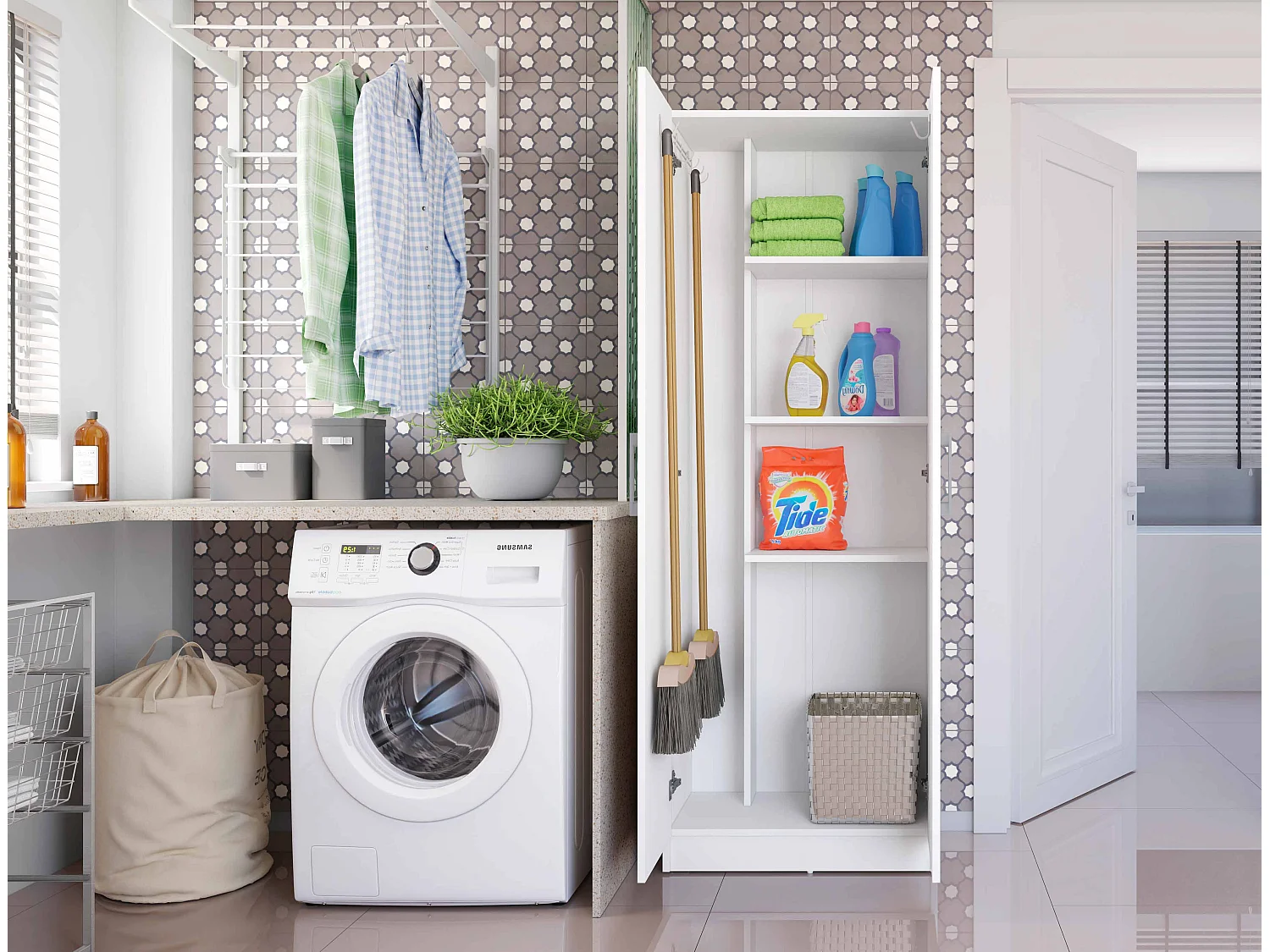 Armario hogar escobero Multiusos Dos Puertas en Color Blanco (Alto 170 cm/Ancho 61 cm/Fondo 32 cm) - Buyqualia