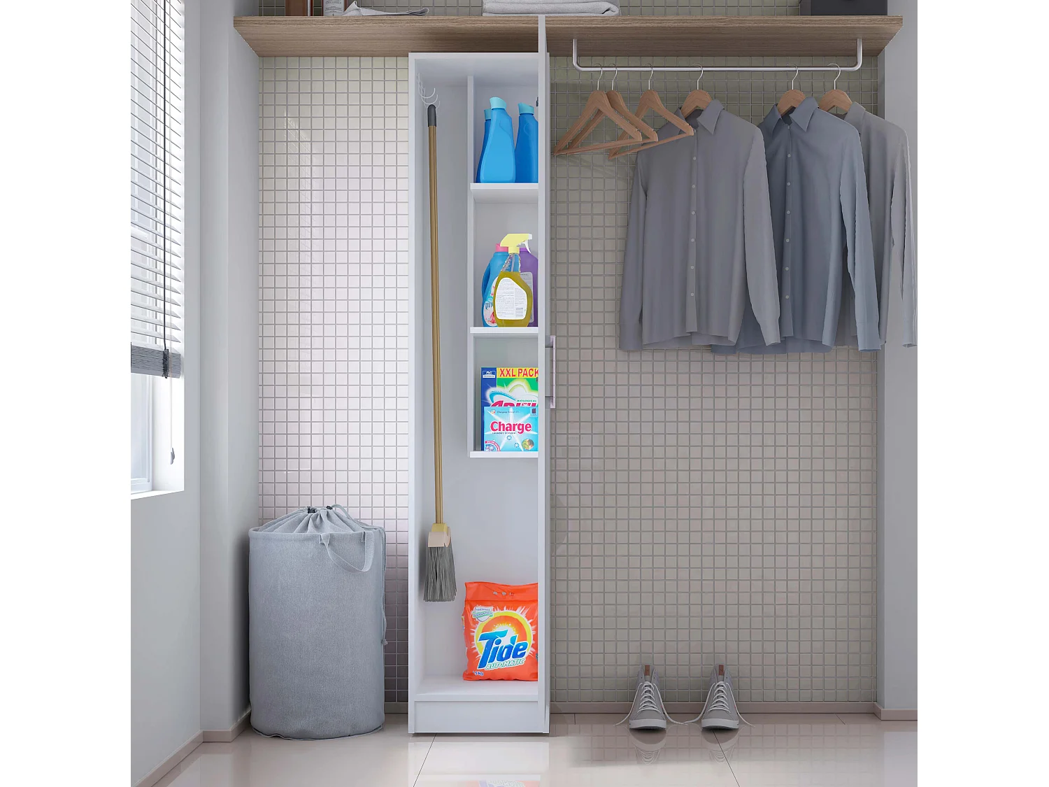 Armario hogar escobero Multiusos en Color Blanco (Alto 170 cm/Ancho 35 cm/Fondo 32 cm) - Buyqualia