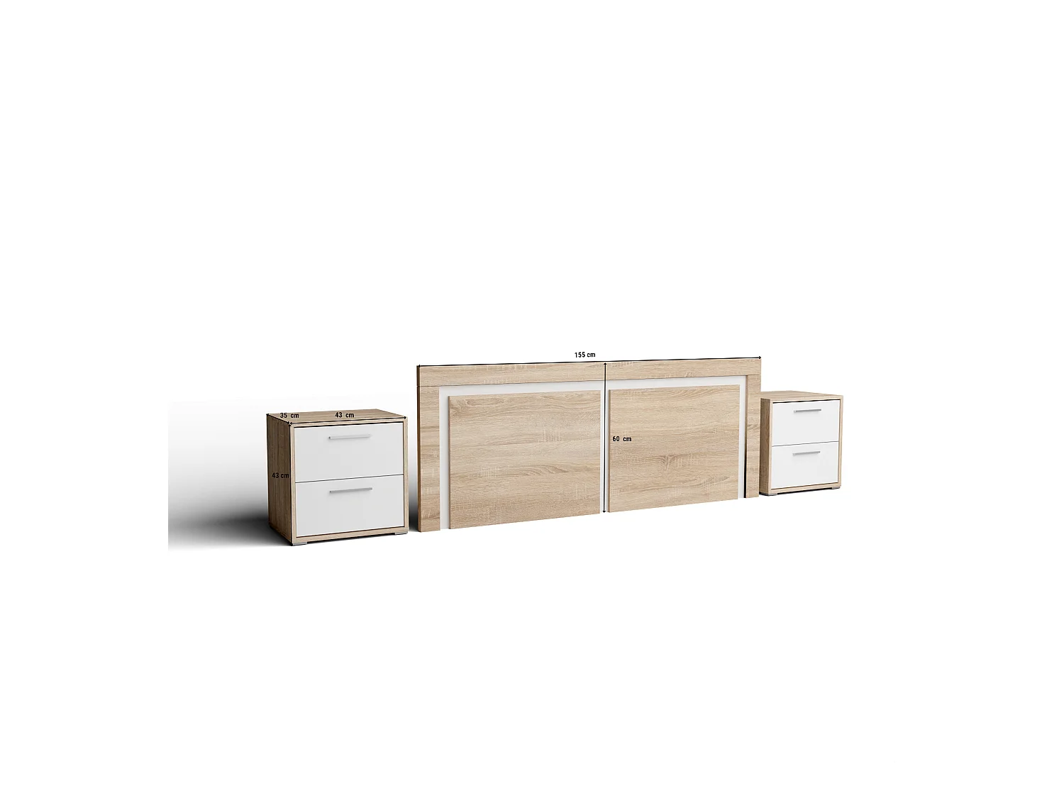 Cabecero de 155x60cm para Camas de 135 a 150 y Dos mesitas de Noche (Pata Baja, 2 Cajones) - Buyqualia