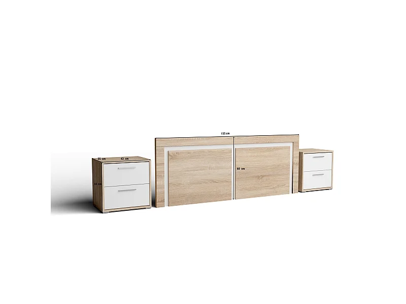 Cabecero de 155x60cm para Camas de 135 a 150 y Dos mesitas de Noche (Pata Baja, 2 Cajones) - Buyqualia