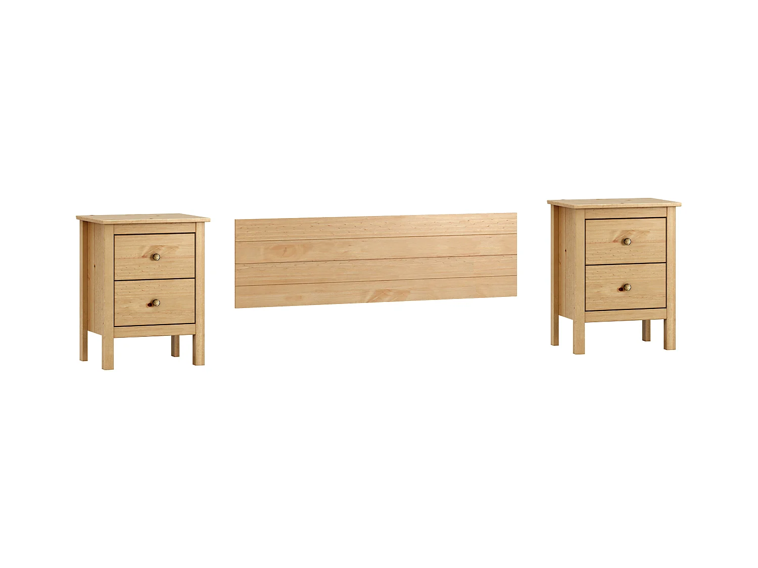 Conjunto de cabecero de 155x45cm y Dos mesitas de Noche de 2 cajones en Madera Maciza en color Miel-Roble