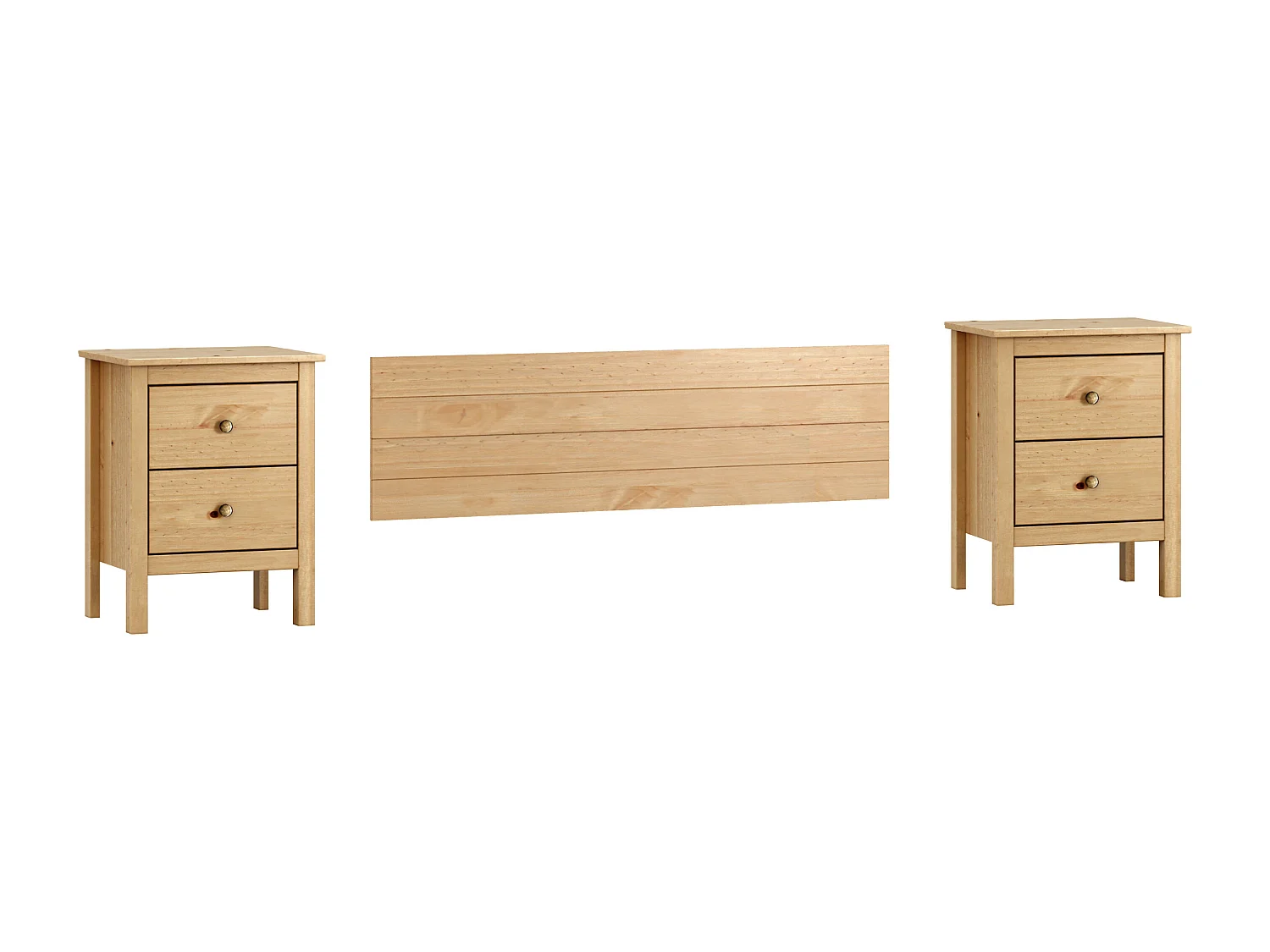 Conjunto de cabecero de 155x45cm y Dos mesitas de Noche de 2 cajones en Madera Maciza en color Miel-Roble