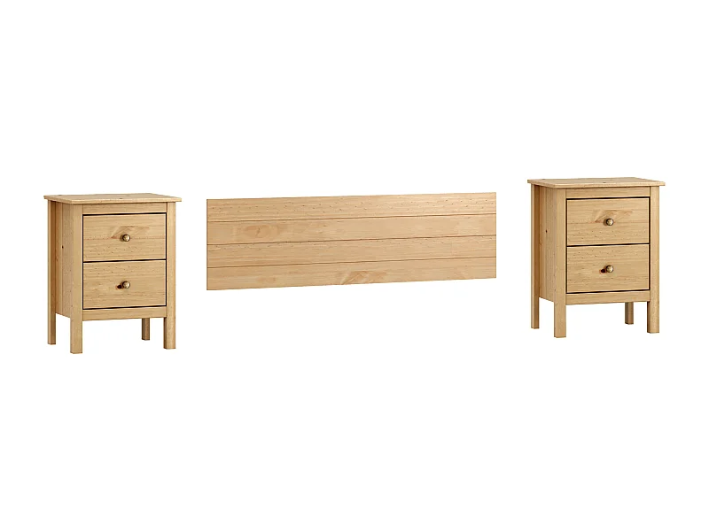 Conjunto de cabecero de 155x45cm y Dos mesitas de Noche de 2 cajones en Madera Maciza en color Miel-Roble
