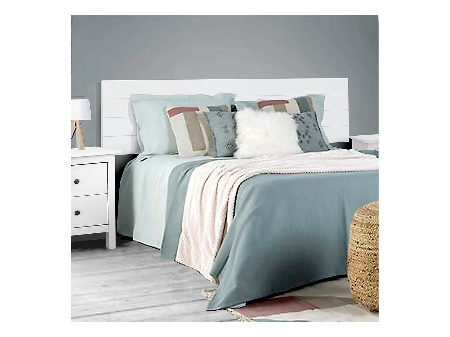 Conjunto de cabecero de 155x45cm y Dos mesitas de Noche de 2 cajones en Madera Maciza en color Blanco