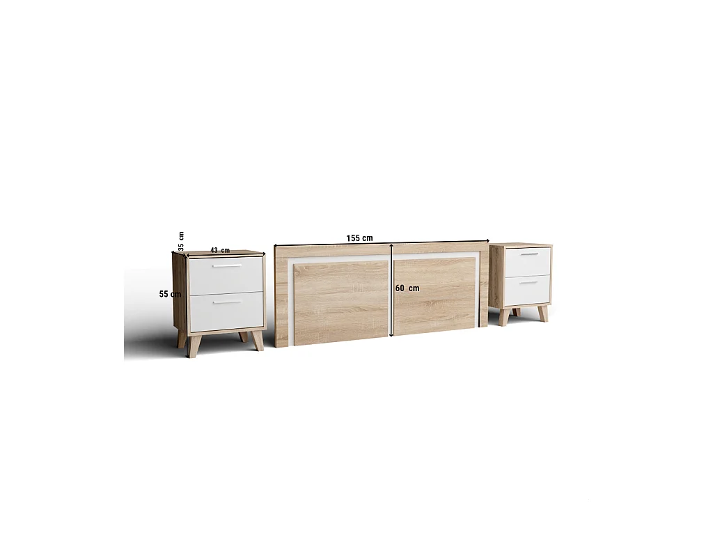 Cabecero de 155x60cm para Camas de 135 a 150 y Dos mesitas de Noche (Pata Alta, 2 Cajones) - Buyqualia