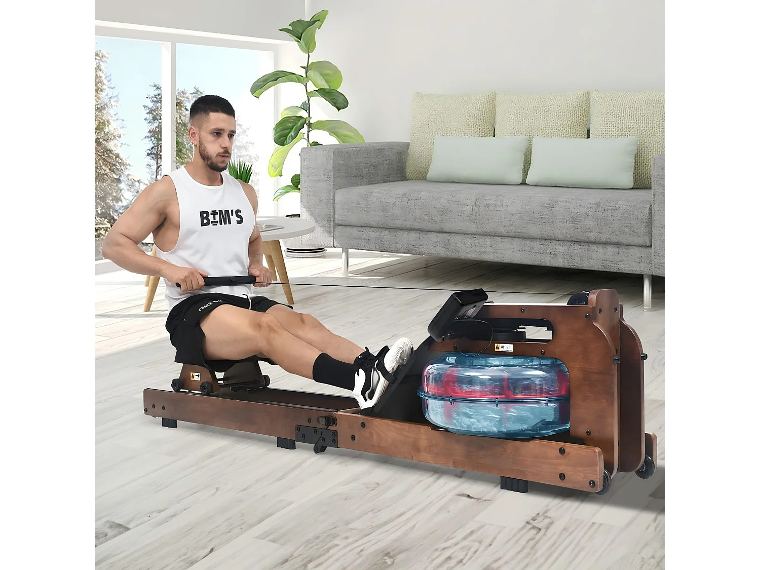 Opvouwbare houten roeitrainer, met APP, waterbestendig, dubbele glijbaan, stil en soepel, max. belasting 150 kg, 210x52x51cm