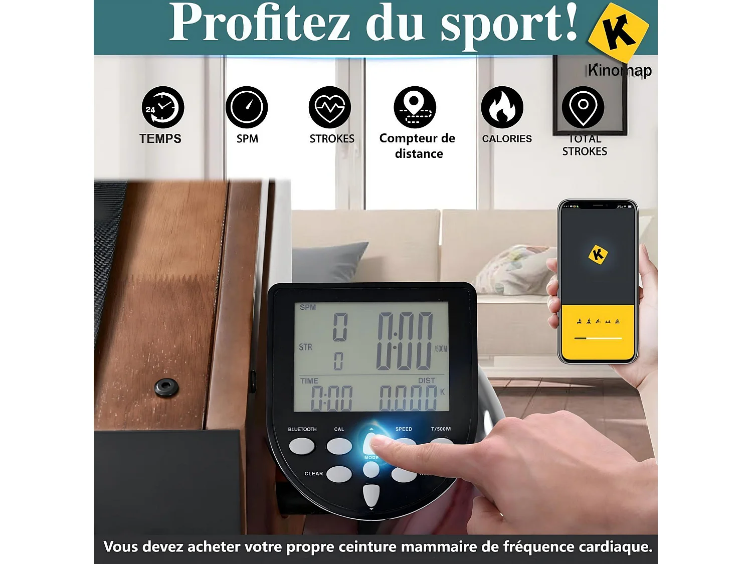 Opvouwbare houten roeitrainer, met APP, waterbestendig, dubbele glijbaan, stil en soepel, max. belasting 150 kg, 210x52x51cm