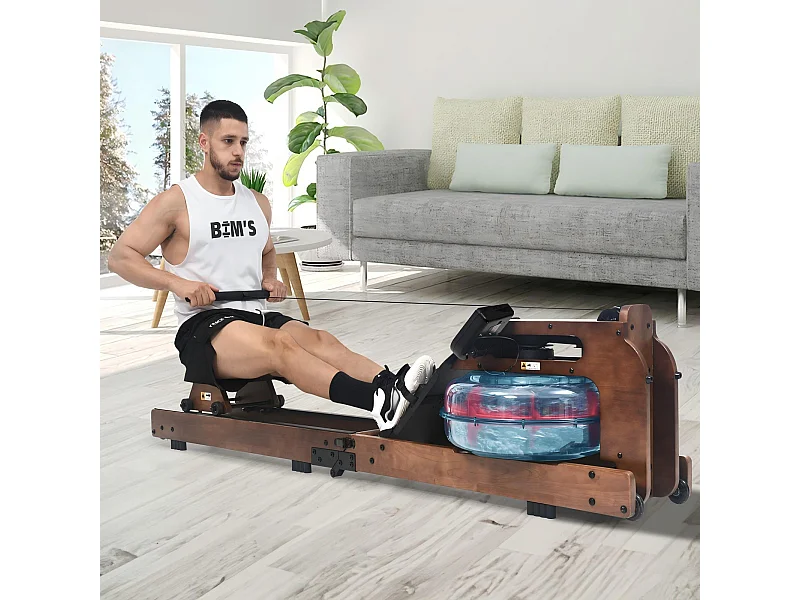 Opvouwbare houten roeitrainer, met APP, waterbestendig, dubbele glijbaan, stil en soepel, max. belasting 150 kg, 210x52x51cm