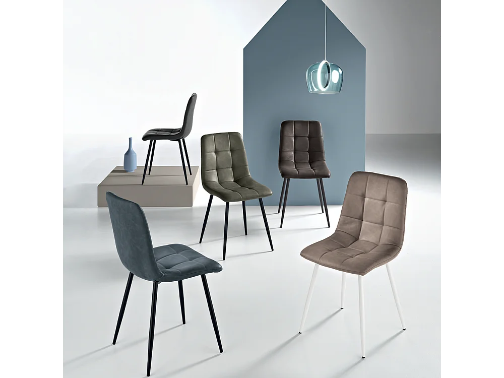 Set di 4 sedie moderne verde oliva "Siviglia" struttura in metallo verniciato seduta in ecopelle effetto soft touch