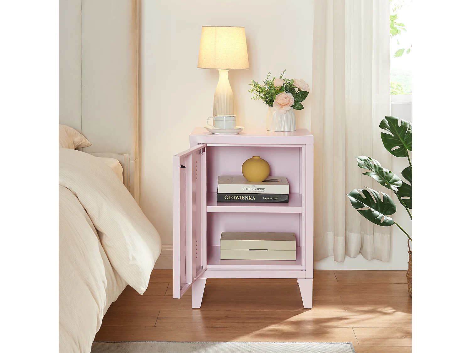 Table de chevet Inari poignée porte à droite 57 x 40 x 30 cm rose [en.casa]