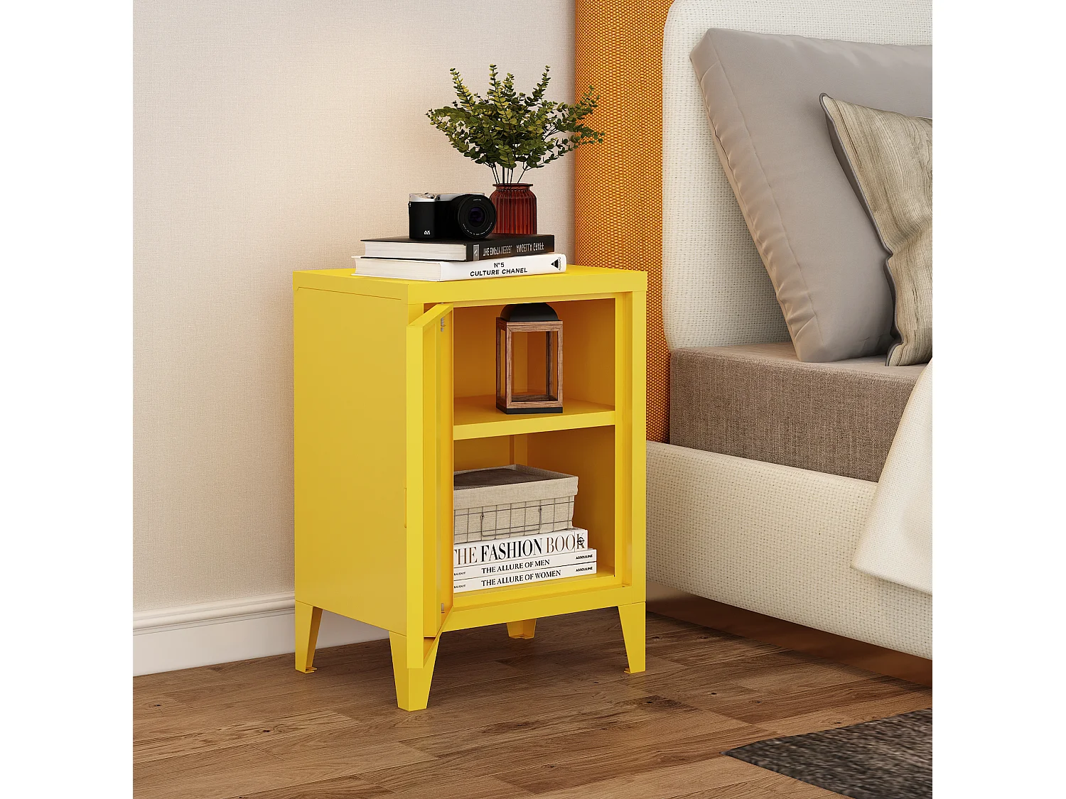 Table de chevet Inari poignée porte à droite 57 x 40 x 30 cm jaune [en.casa]