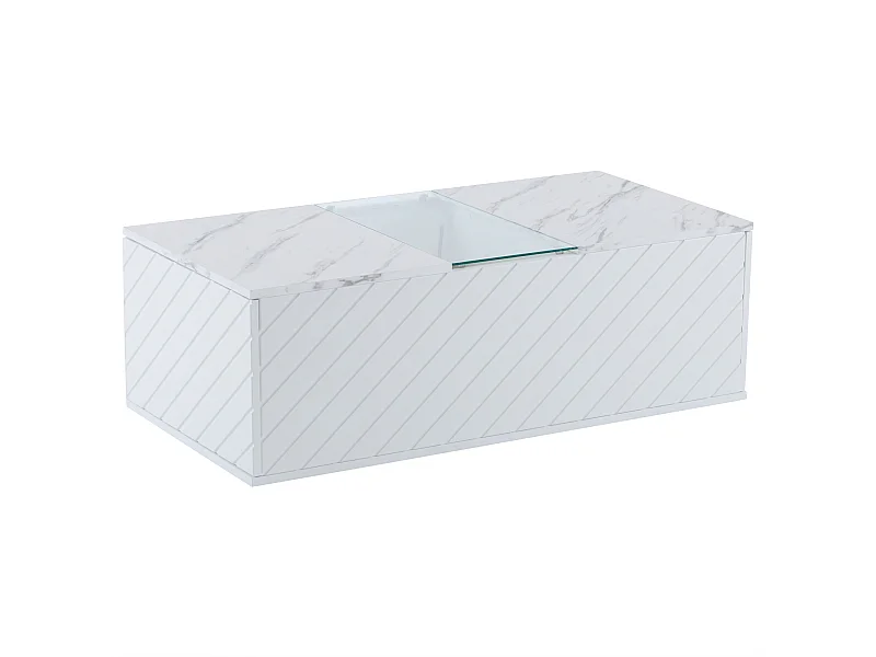 Table basse moderne blanche effet marbre, éclairage LED, élément en verre et 2 tiroirs Kregmots