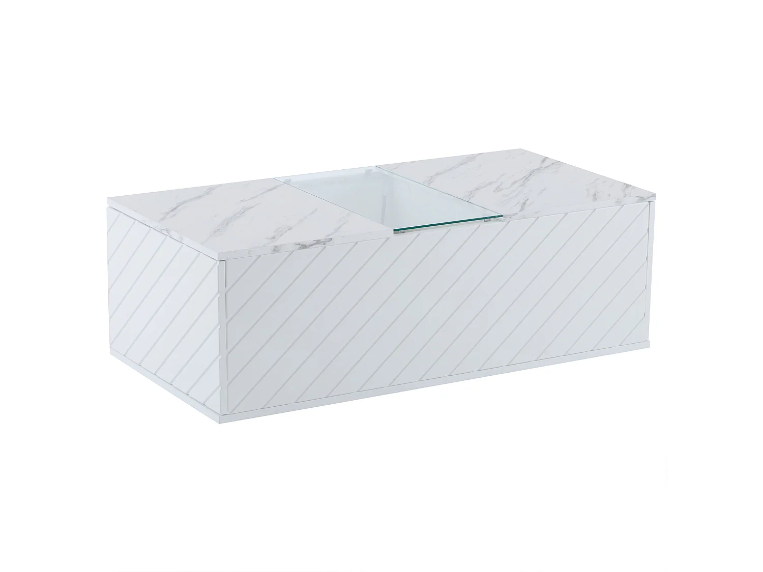 Table basse moderne blanche effet marbre, éclairage LED, élément en verre et 2 tiroirs Kregmots