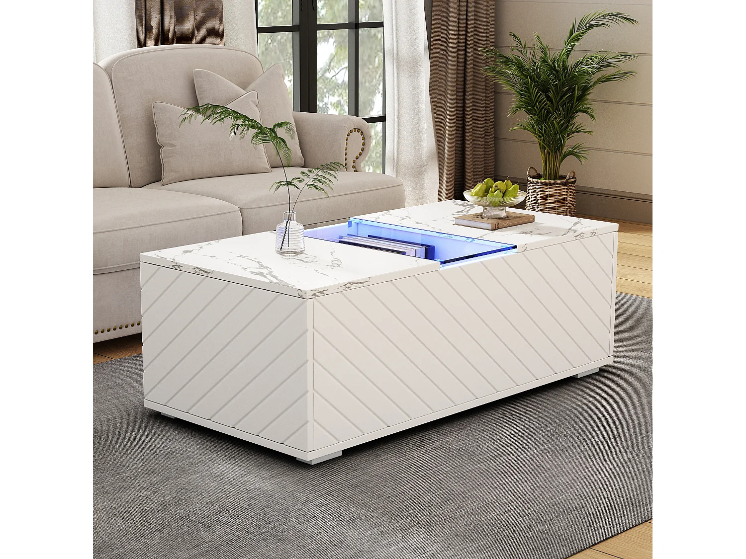 Table basse moderne blanche effet marbre, éclairage LED, élément en verre et 2 tiroirs Kregmots