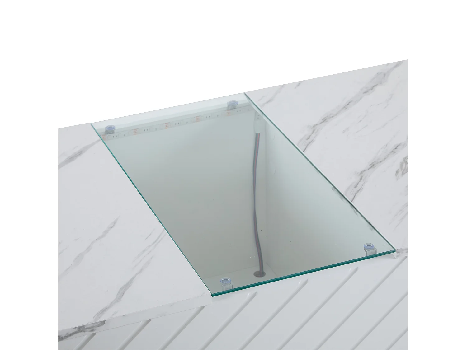 Table basse moderne blanche effet marbre, éclairage LED, élément en verre et 2 tiroirs Kregmots