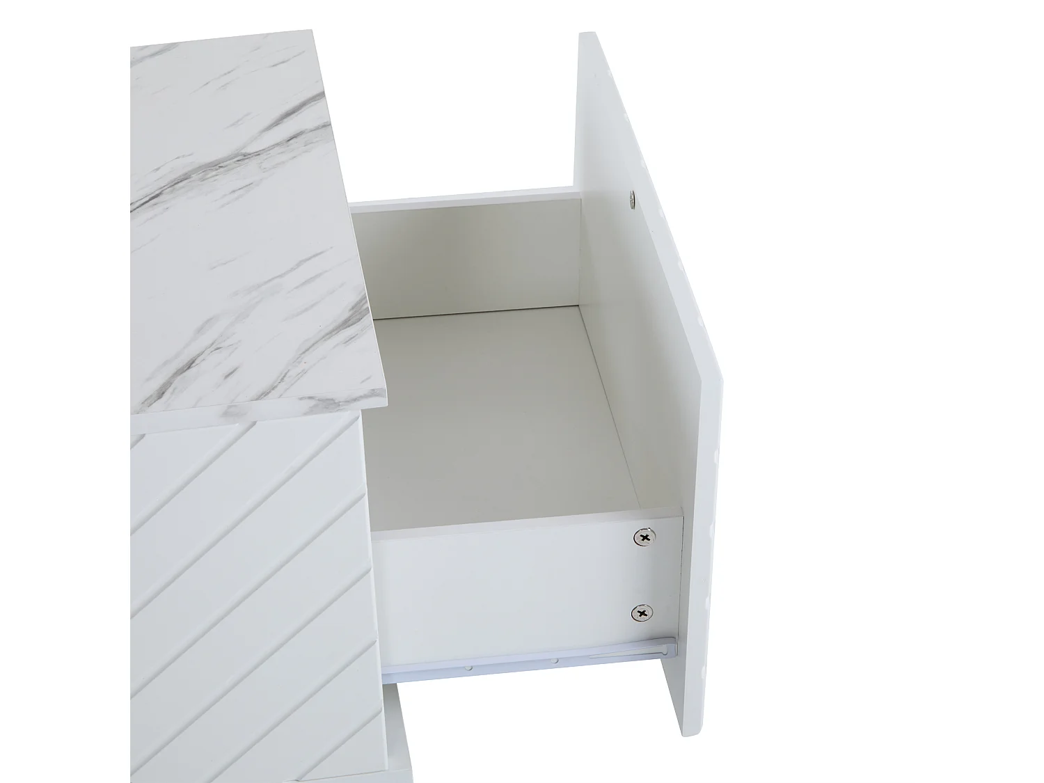 Table basse moderne blanche effet marbre, éclairage LED, élément en verre et 2 tiroirs Kregmots