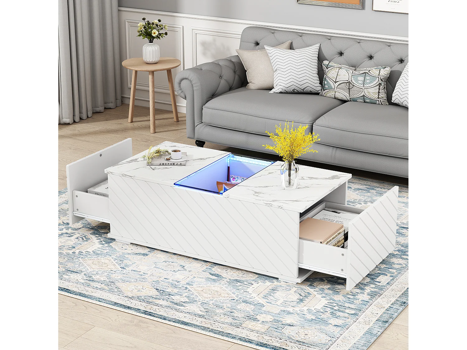 URBAN MEUBLE Table basse moderne blanche effet marbre, éclairage LED, élément en verre et 2 tiroirs