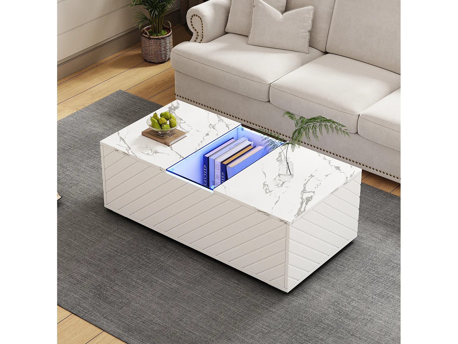 URBAN MEUBLE Table basse moderne blanche effet marbre, éclairage LED, élément en verre et 2 tiroirs