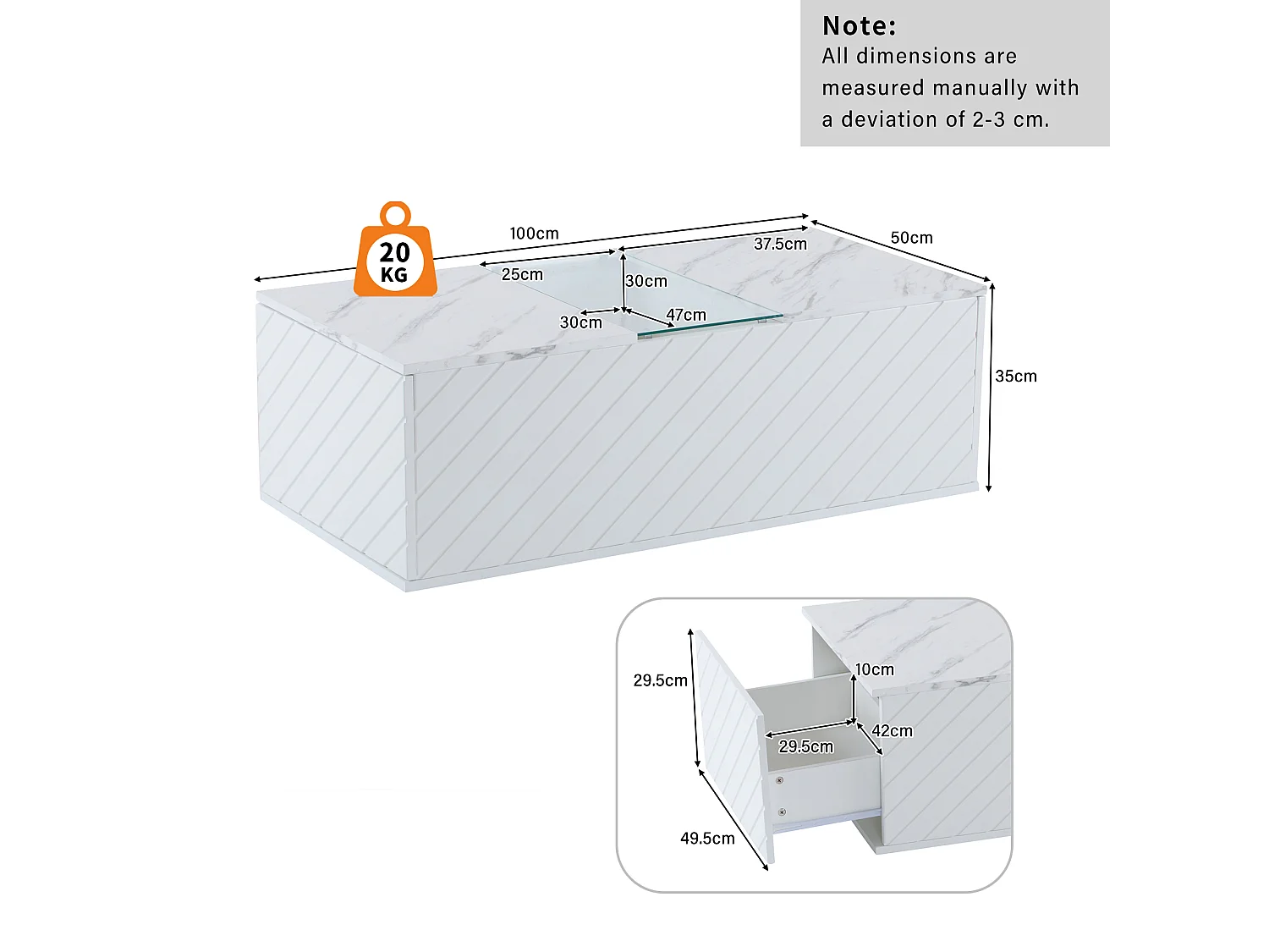 URBAN MEUBLE Table basse moderne blanche effet marbre, éclairage LED, élément en verre et 2 tiroirs