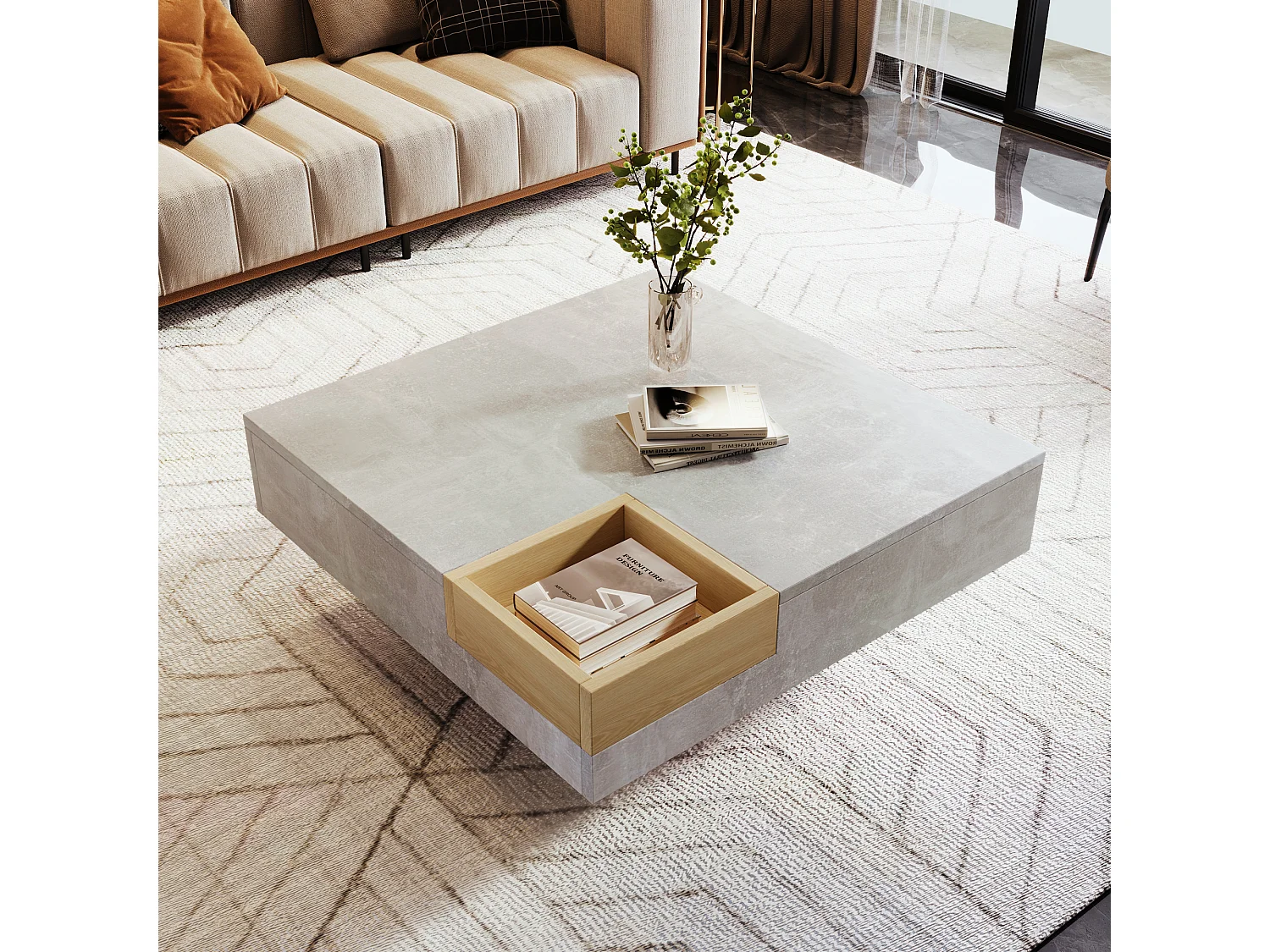 Table basse carré moderne effet béton gris et une boit de rangement bois nature 72*72*30 CROKS