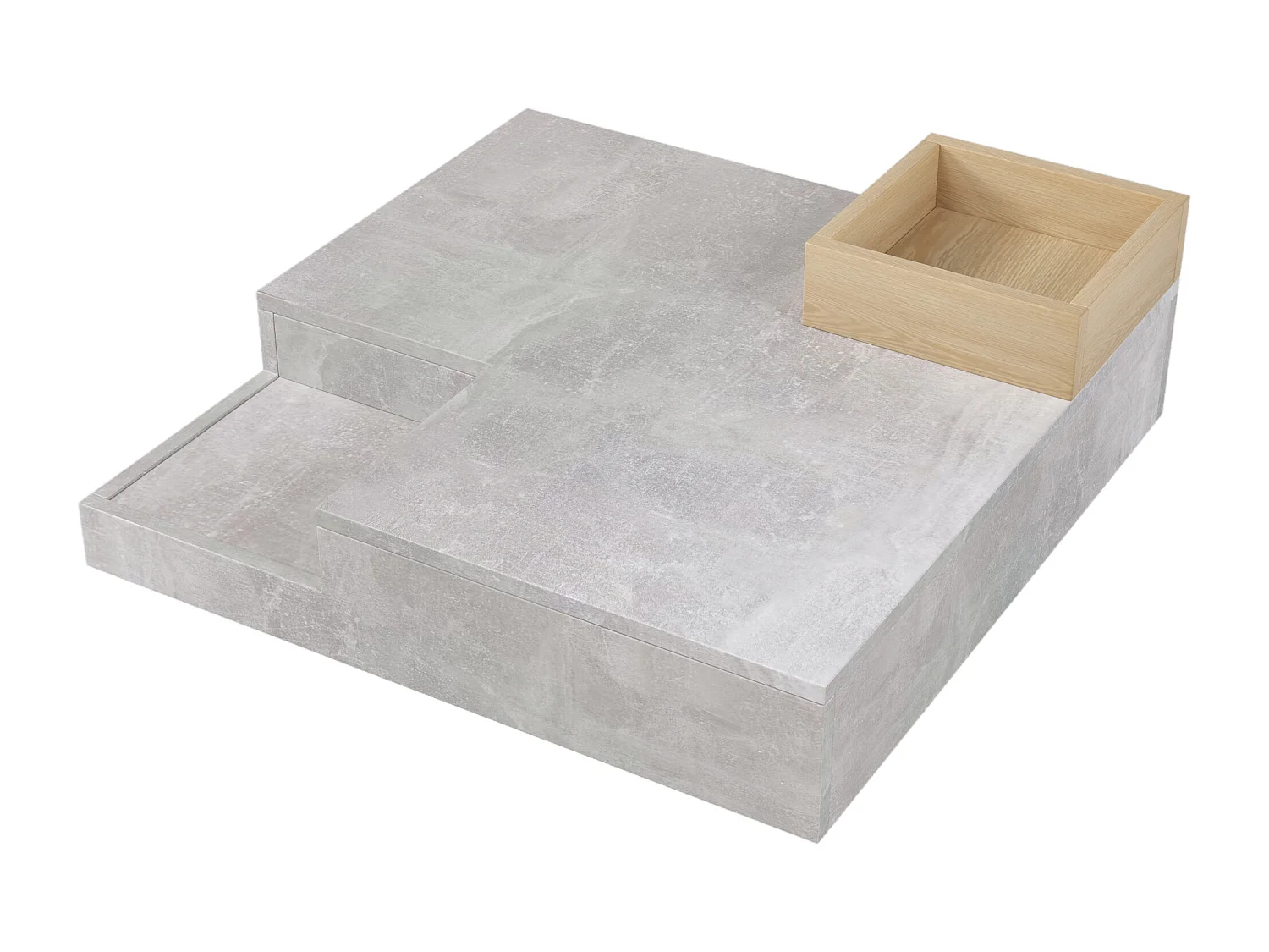 URBAN MEUBLE Table basse carré moderne effet béton gris et une boit de rangement bois nature 72*72*30 CROKS