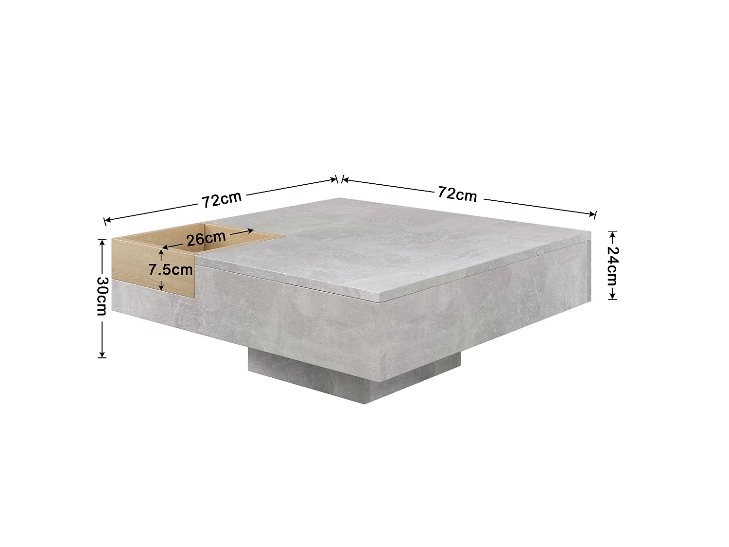URBAN MEUBLE Table basse carré moderne effet béton gris et une boit de rangement bois nature 72*72*30 CROKS
