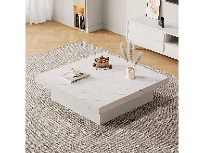 Table basse carrée moderne blanche effet marbre 4 tiroirs plateau coulissant 90x90x25cm Khekried