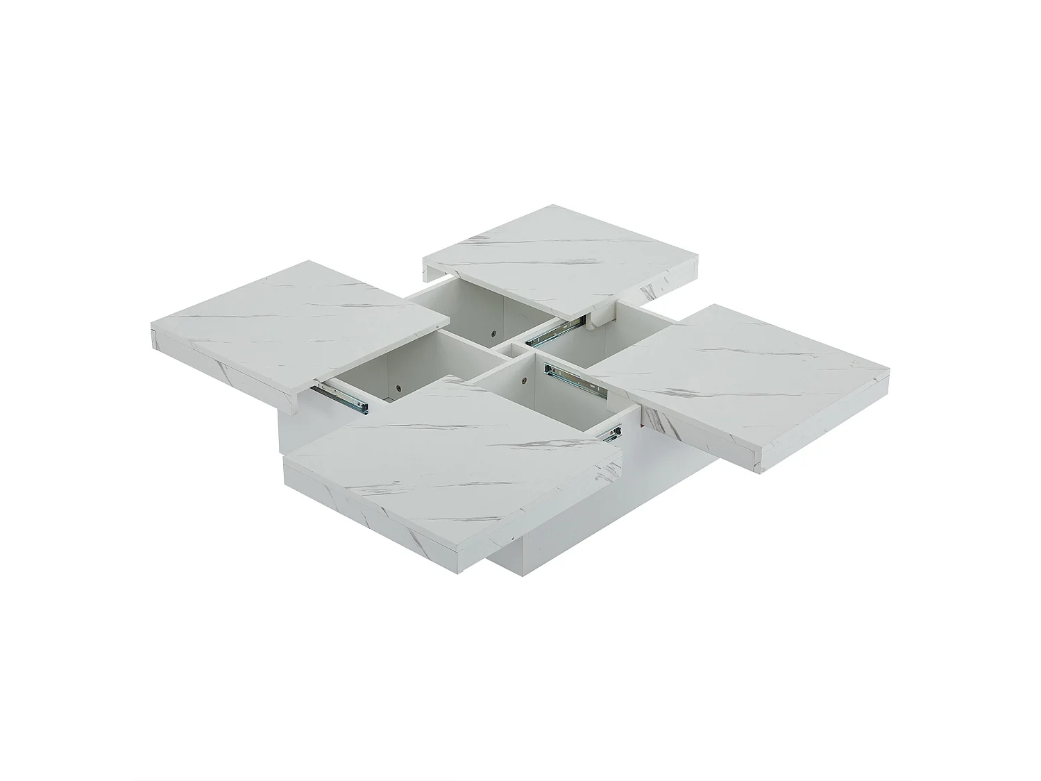 Table basse carrée moderne blanche effet marbre 4 tiroirs plateau coulissant 90x90x25cm Khekried