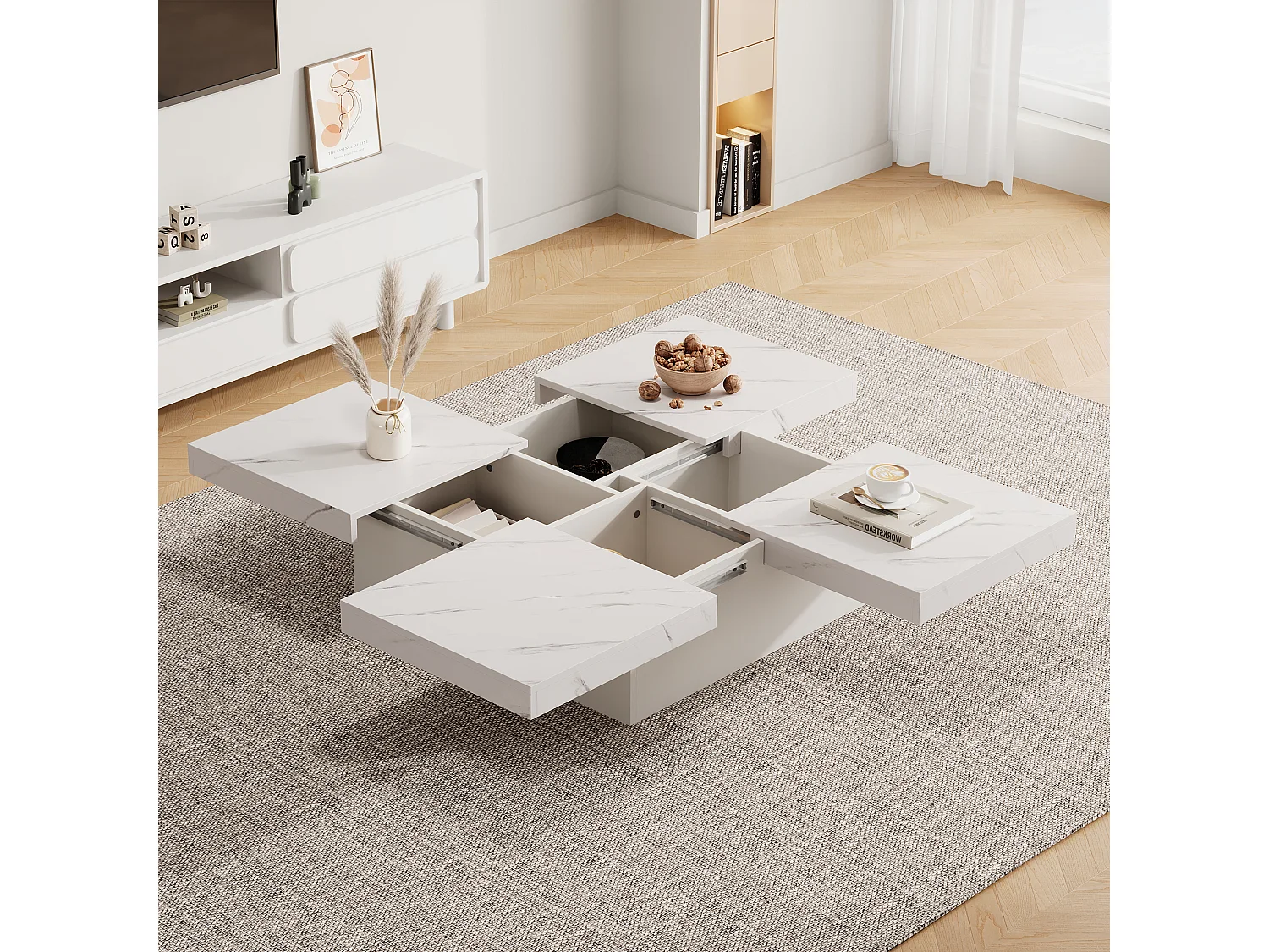 Table basse carrée moderne blanche effet marbre 4 tiroirs plateau coulissant 90x90x25cm Khekried