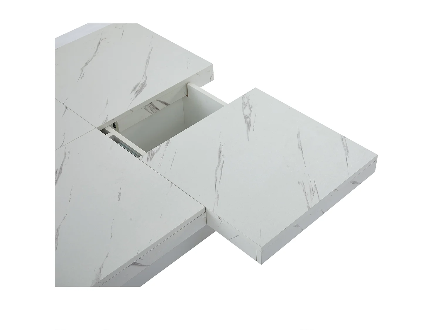 Table basse carrée moderne blanche effet marbre 4 tiroirs plateau coulissant 90x90x25cm Khekried