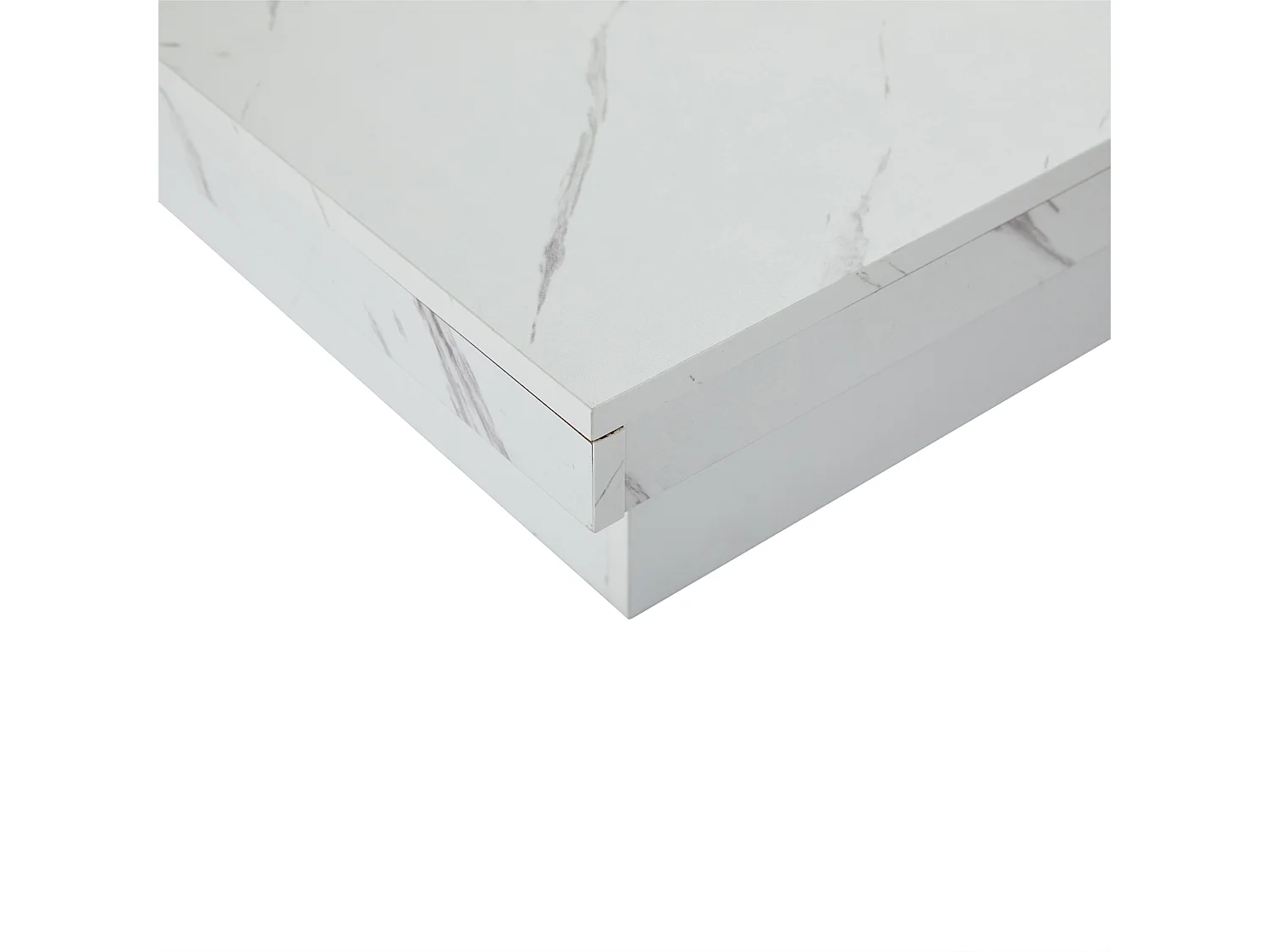 Table basse carrée moderne blanche effet marbre 4 tiroirs plateau coulissant 90x90x25cm Khekried