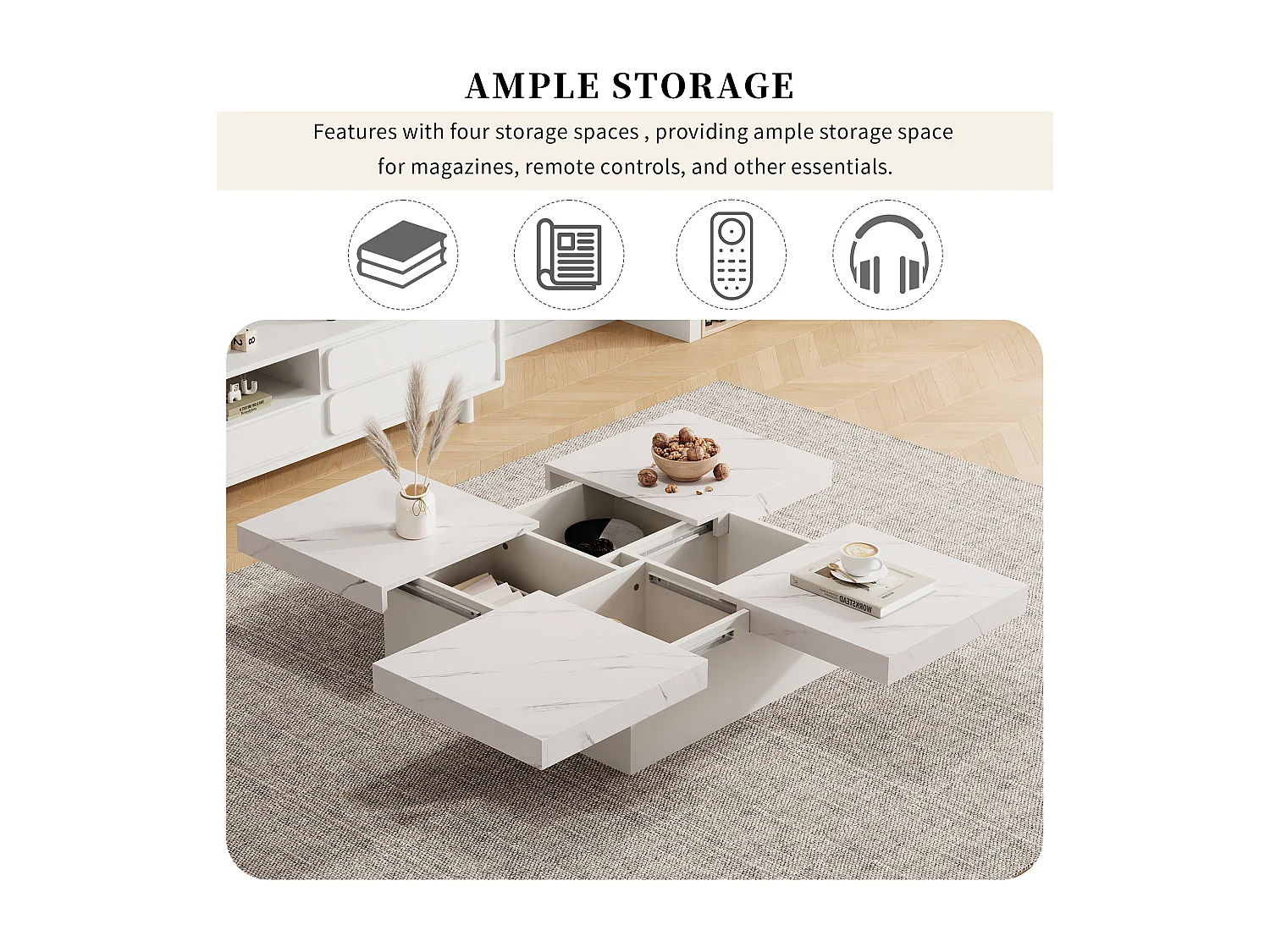URBAN MEUBLE Table basse carrée moderne blanche effet marbre 4 tiroirs plateau coulissant 90x90x25cm