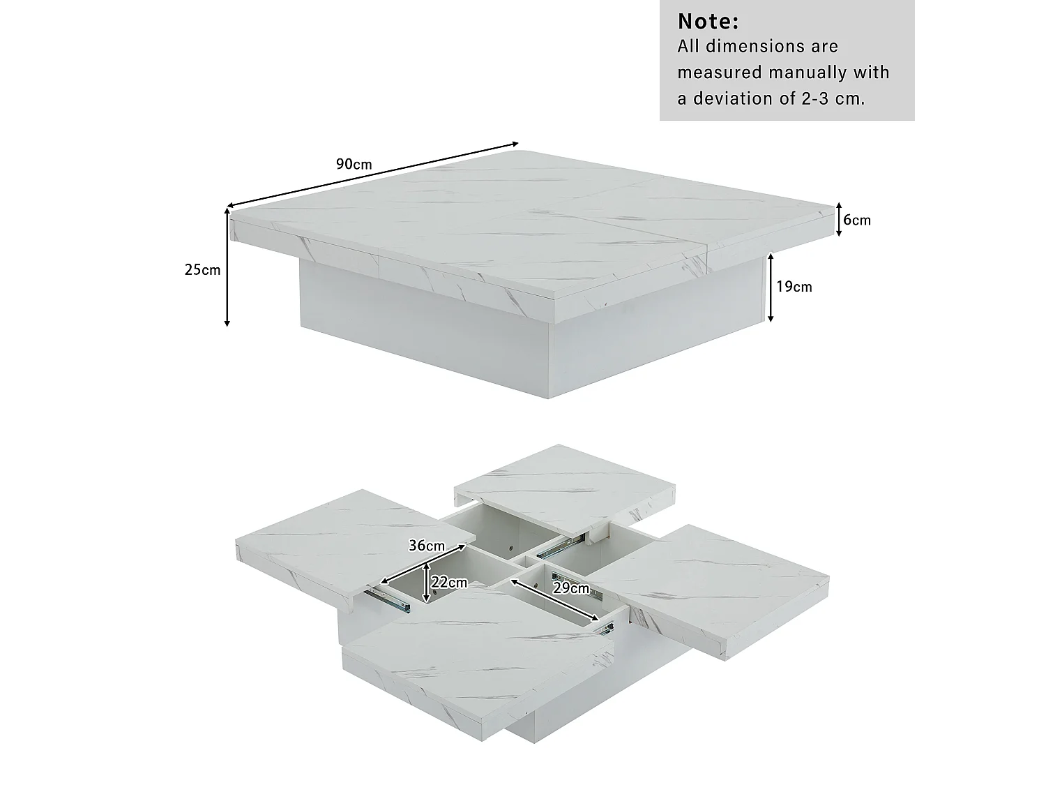 URBAN MEUBLE Table basse carrée moderne blanche effet marbre 4 tiroirs plateau coulissant 90x90x25cm