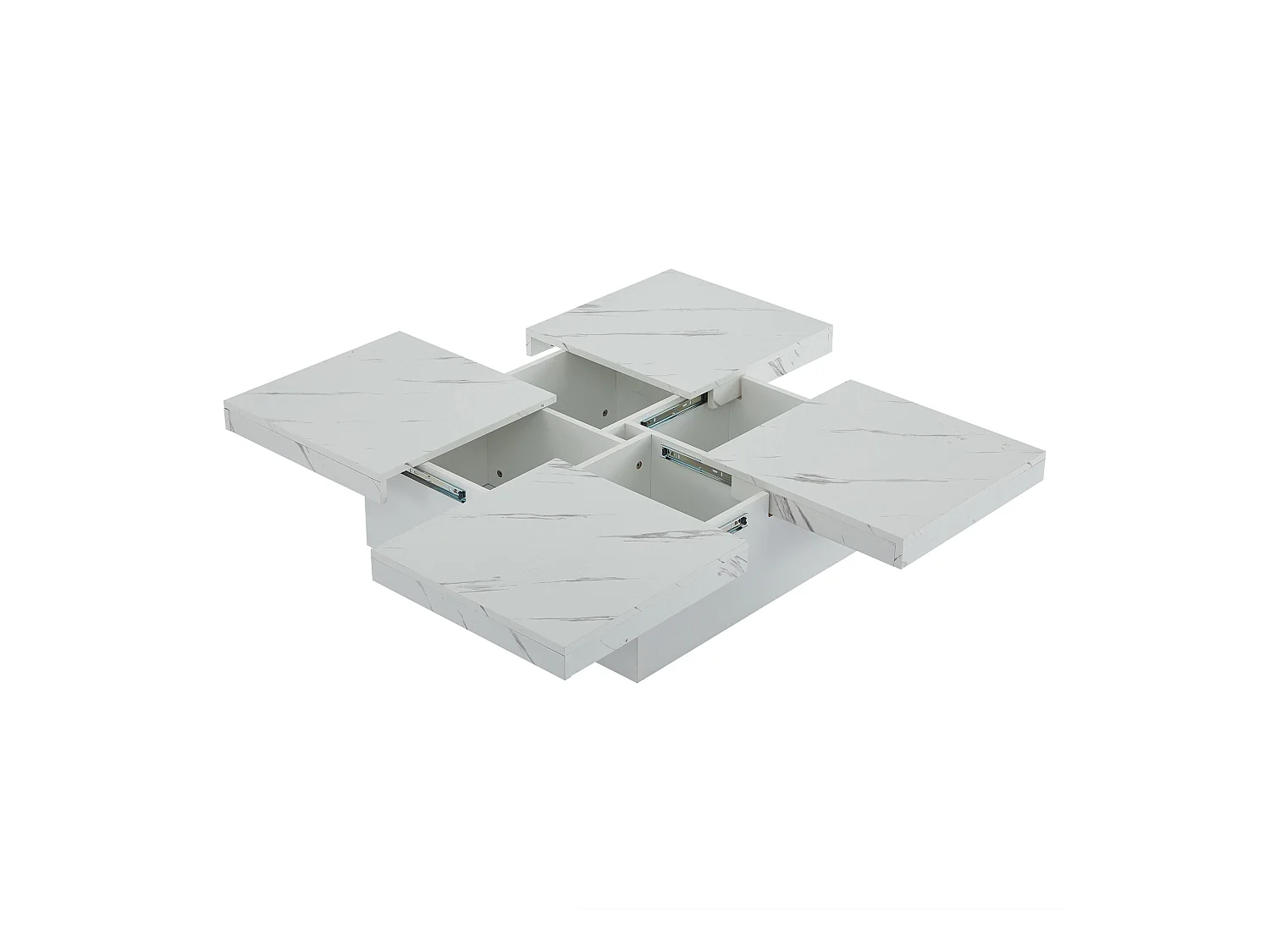 Table basse carrée moderne blanche effet marbre 4 tiroirs plateau coulissant 90x90x25cm Khekried