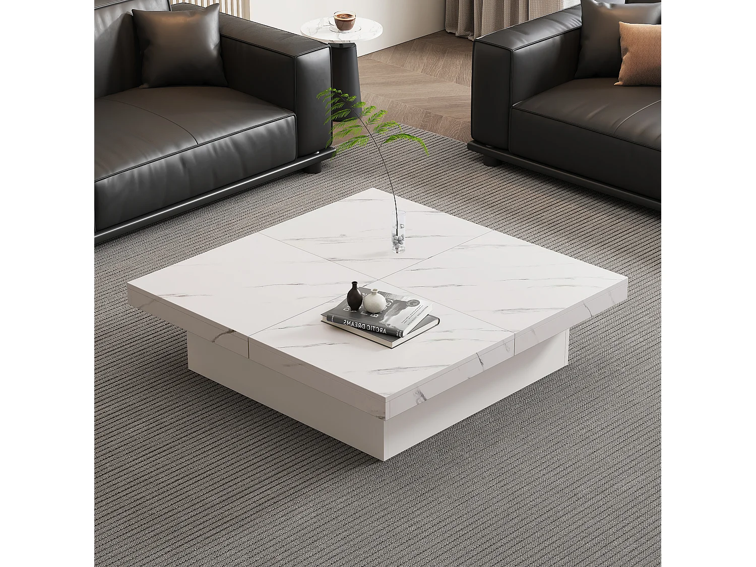 URBAN MEUBLE Table basse carrée moderne blanche effet marbre 4 tiroirs plateau coulissant 90x90x25cm