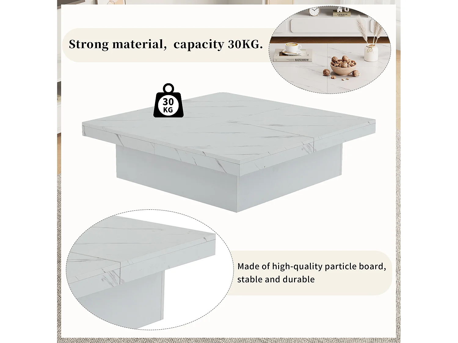 URBAN MEUBLE Table basse carrée moderne blanche effet marbre 4 tiroirs plateau coulissant 90x90x25cm