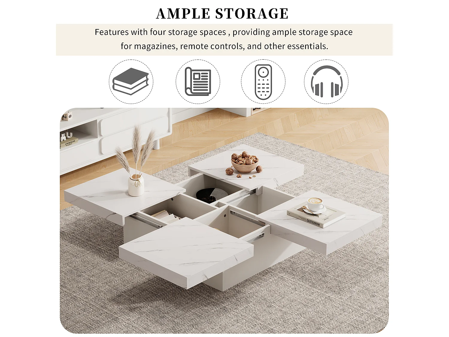 URBAN MEUBLE Table basse carrée moderne blanche effet marbre 4 tiroirs plateau coulissant 90x90x25cm