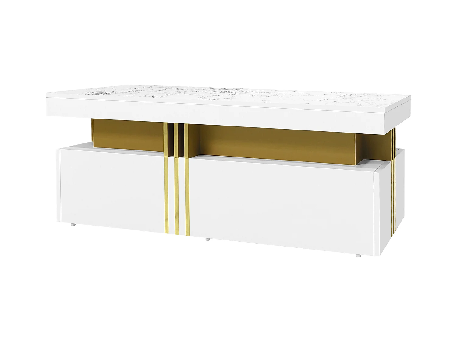Table basse rectangulaire effet marbre blanche brillante avec 2 tiroirs 100*50*40 cm GEVREITS WHITE