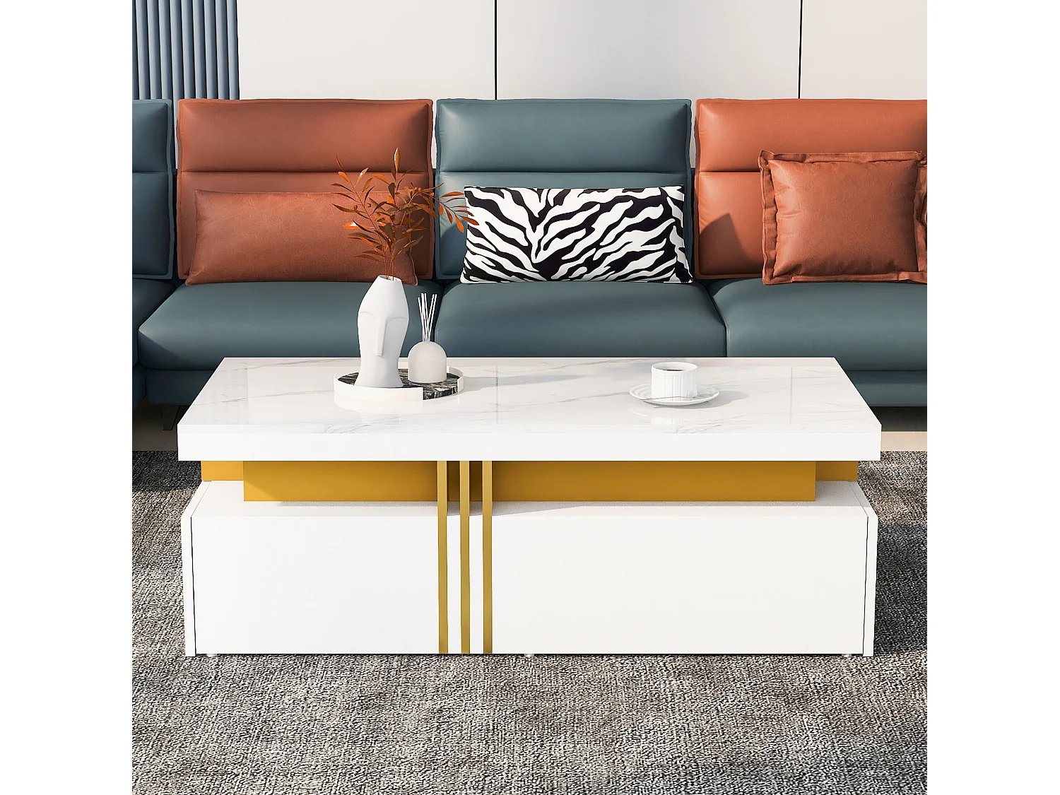 URBAN MEUBLE Table basse rectangulaire effet marbre blanche brillante avec 2 tiroirs 100*50*40 cm