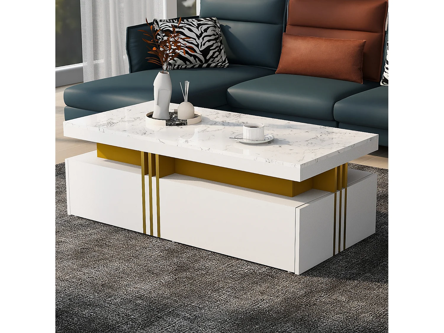 URBAN MEUBLE Table basse rectangulaire effet marbre blanche brillante avec 2 tiroirs 100*50*40 cm