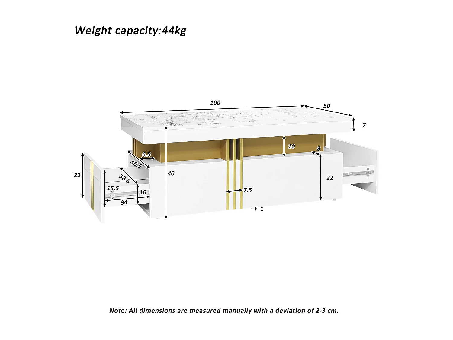 URBAN MEUBLE Table basse rectangulaire effet marbre blanche brillante avec 2 tiroirs 100*50*40 cm