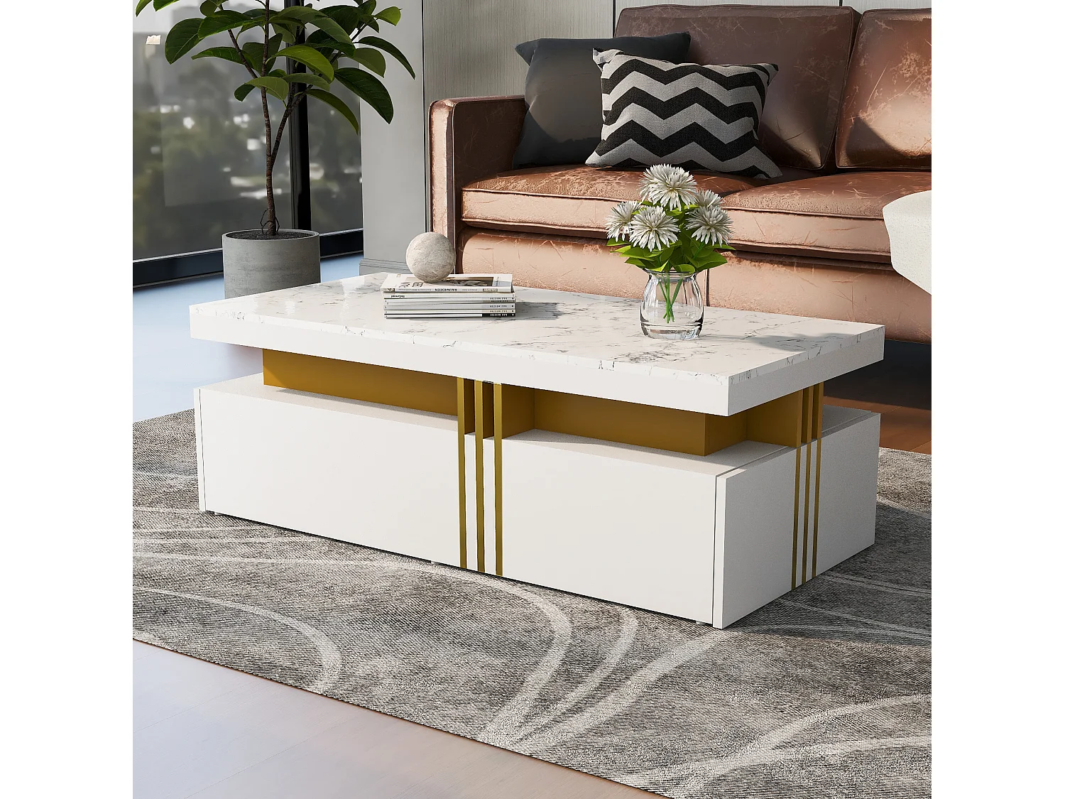 URBAN MEUBLE Table basse rectangulaire effet marbre blanche brillante avec 2 tiroirs 100*50*40 cm