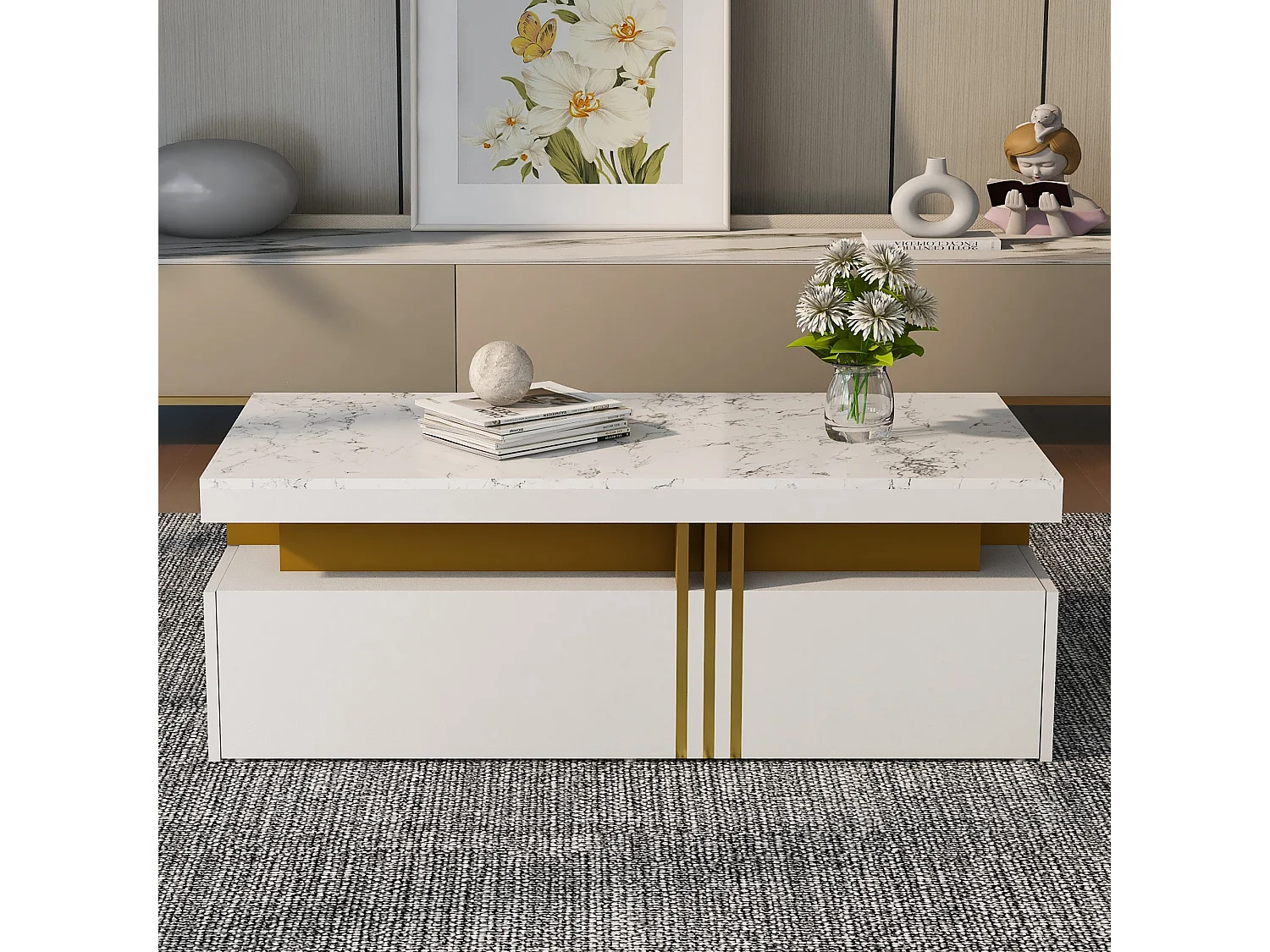 URBAN MEUBLE Table basse rectangulaire effet marbre blanche brillante avec 2 tiroirs 100*50*40 cm