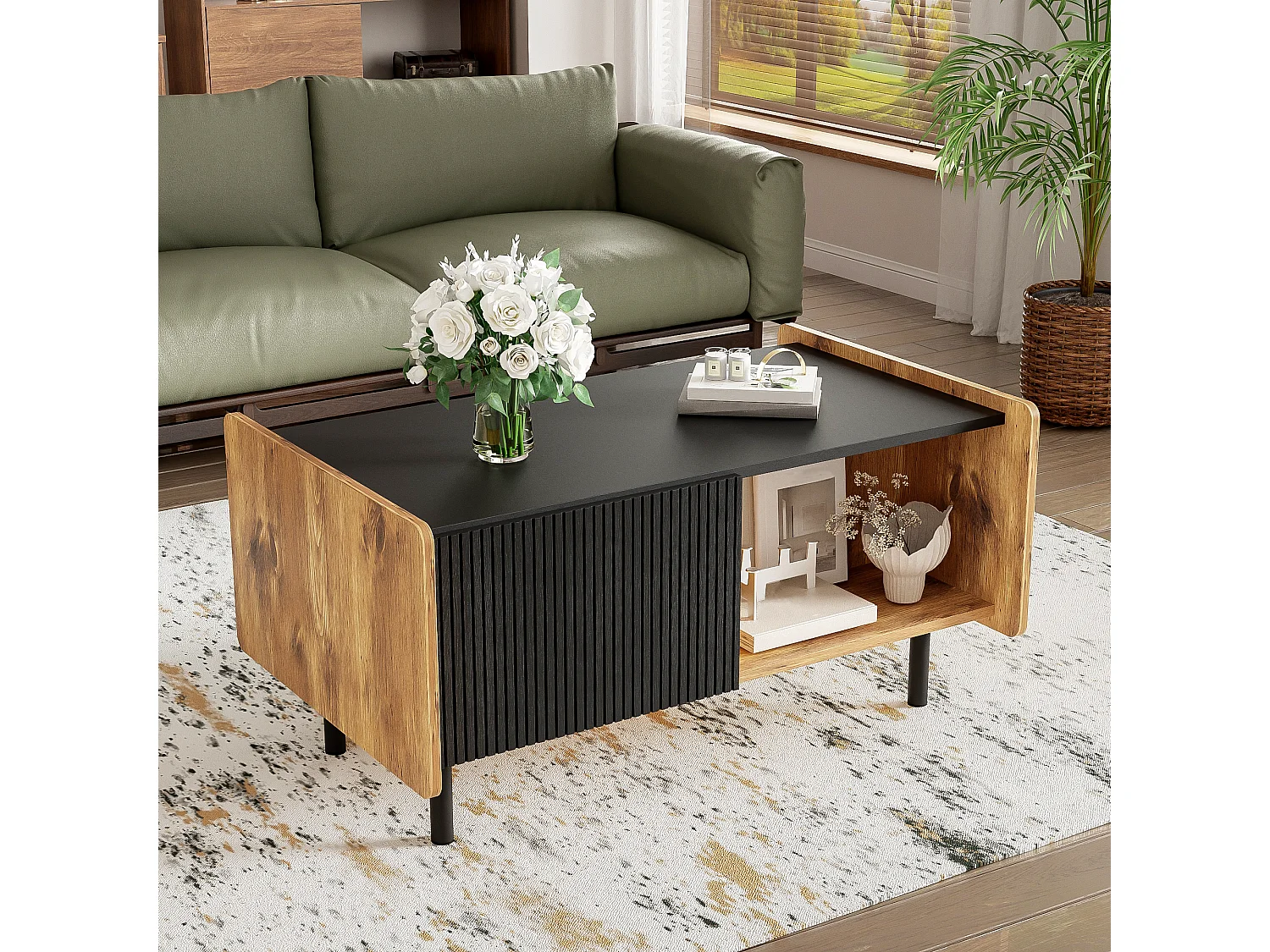 Table Basse moderne effet bois et noir 2 portes CUNGRUNS